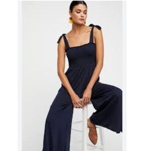 Free People Navy Blue Wide-Leg Tie-Shoulder Jumpsuit